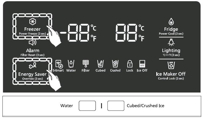 A Buzzer sounds. Four of the twelve Mac address of the Wi-Fi module are displayed in turns in the freezer and fridge temperature displays for 1 minute.