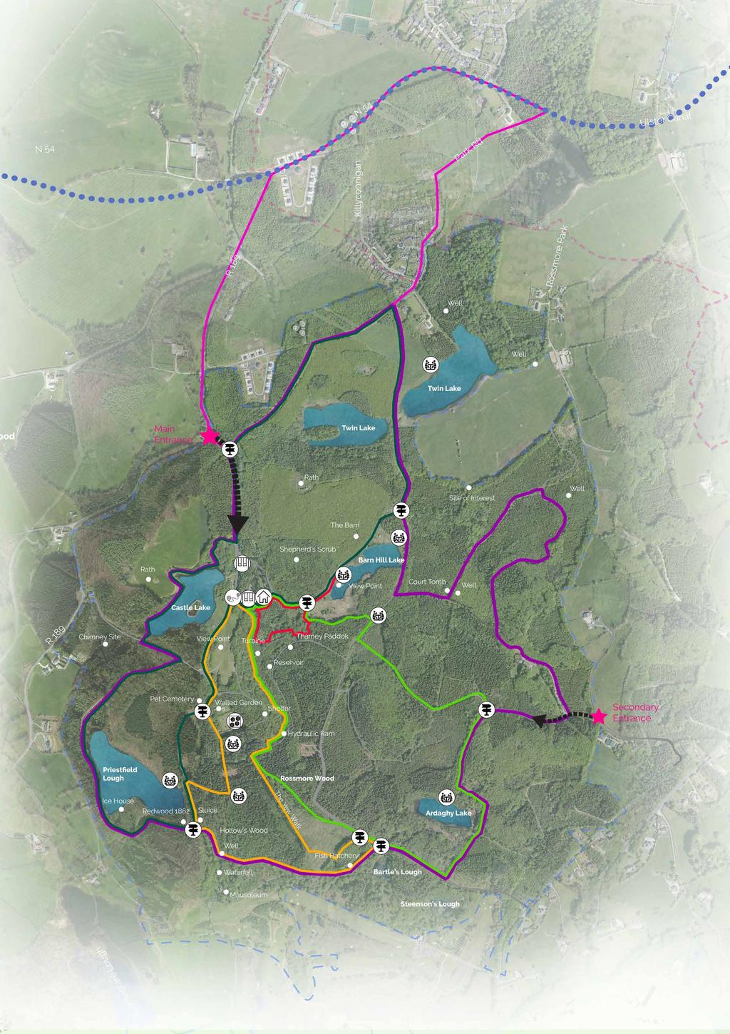 04 THE PLAN projects: The Draft Masterplan for Rossmore Forest Park contains a total of 17 projects. These are divided into three categories.