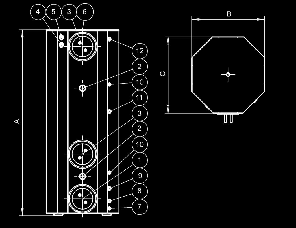 R 1" boiler return / heating circuit return 7. R 1/2 drain Specifications Jaspi GTV 1. solar power coil (optional) 2. R 2" BP electric immersion heater 3.