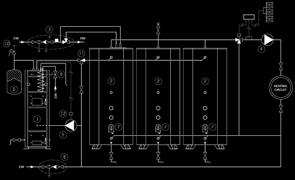 R 1 BP heating circuit return (expansion) 9. R 1" BP underfloor heating circuit return 10. R 3/4 BP thermostat 11. R 1 BP underfloor heating supply.