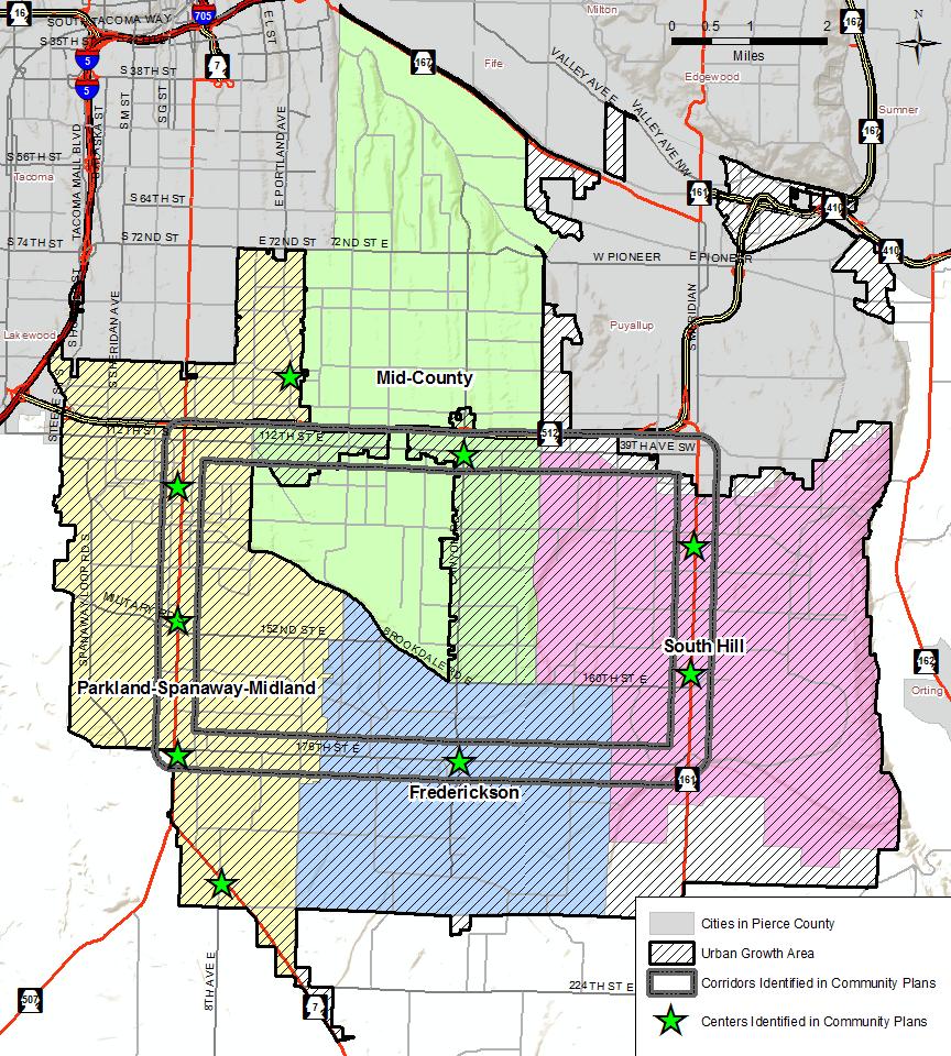 History of Centers and Corridors Concept Historically, the Pierce County Comprehensive Plan and Community Plans have designated commercial, industrial, and higher density residential along four major
