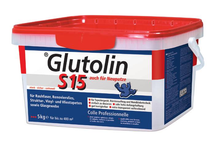 Glutolin 10 Security adhesive for woodchip wallpapers, glassfibre, renovation and reinforcement fabrics as well as heavy wallcoverings. Ideal for wallcoverings that can be overpainted.