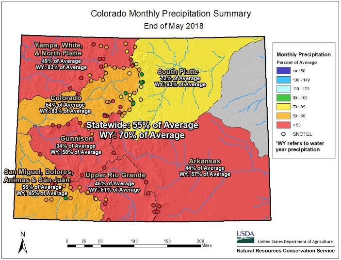Snowpack levels were far below average across most of the state and as of June 1 st there were only a handful of SNOTEL sites still reporting the presence of snow.