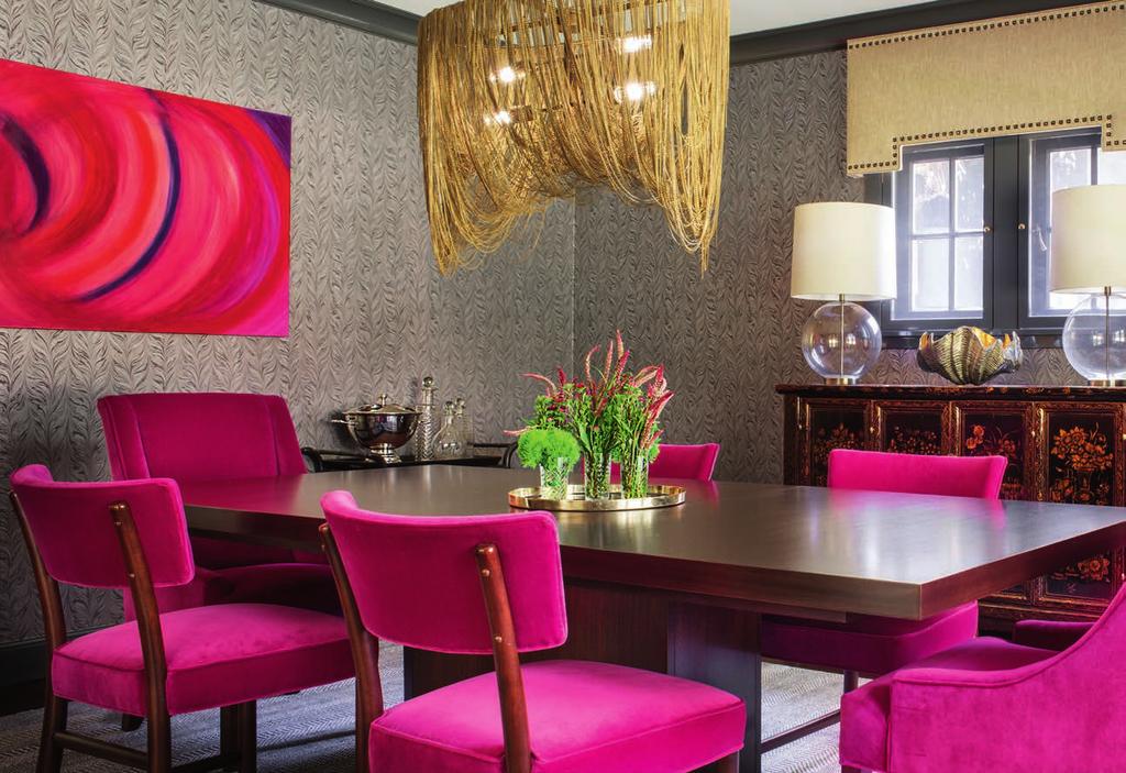 Think Pink (top) The formal dining room s wallpaper and antique Chinese sideboard is offset by 1950s dining chairs from the Local Vault that Handler reupholstered in magenta velvet and Kelly Lynn