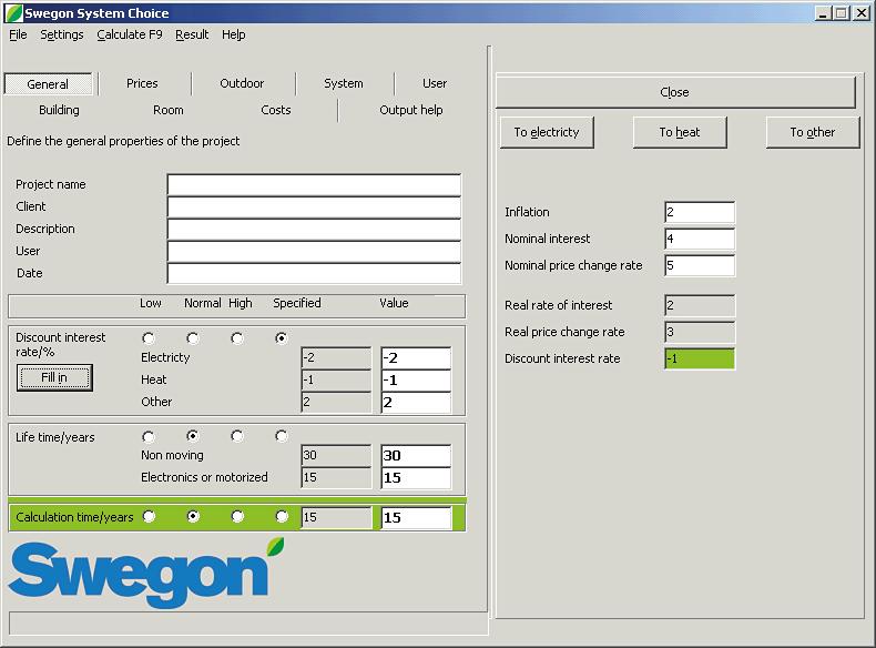 Swegon System Choice Swegon System Choice is a system selection program that calculates initial costs, energy consumption, simplified power requirement, maintenance costs, repair costs and life cycle