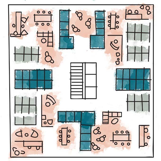 LESS-HIERARCHICAL FLOORPLAN Less-Heirarchical Floorplan This floorplan represents a newer approach fewer and smaller private offices.