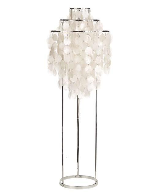 Fun 1STM 1964 Floor lamp with discs on three ring metal frame. Available with mother-of-pearl discs. Mounted to the metal frame with small metal rings.