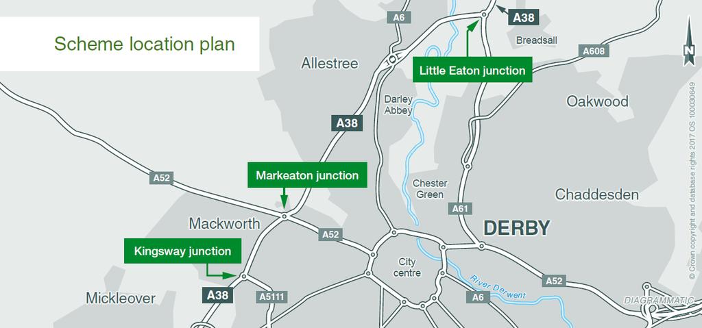 Introduction propose improving the 3 junctions along the A38 through Derby to separate local traffic from through traffic; namely the junctions at Kingsway, Markeaton and Little Eaton.