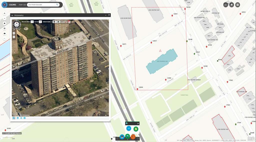 FDNY CRIMS MAP Custom Widgets Pictometry On-line Widget provides oblique imagery, with the ability to view archived imagery