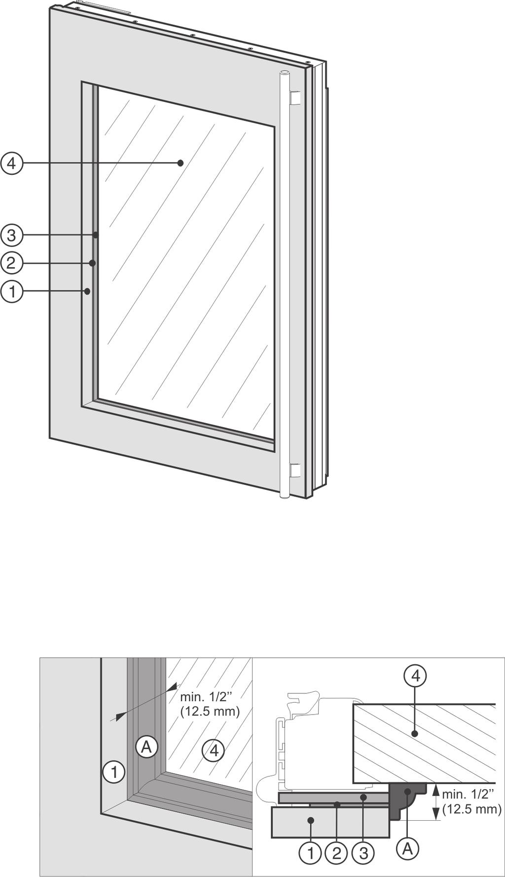 Cut-out for glass window WFI1061 The edges of the panels 1,2,3 are visible at the transition to the glass window 4.