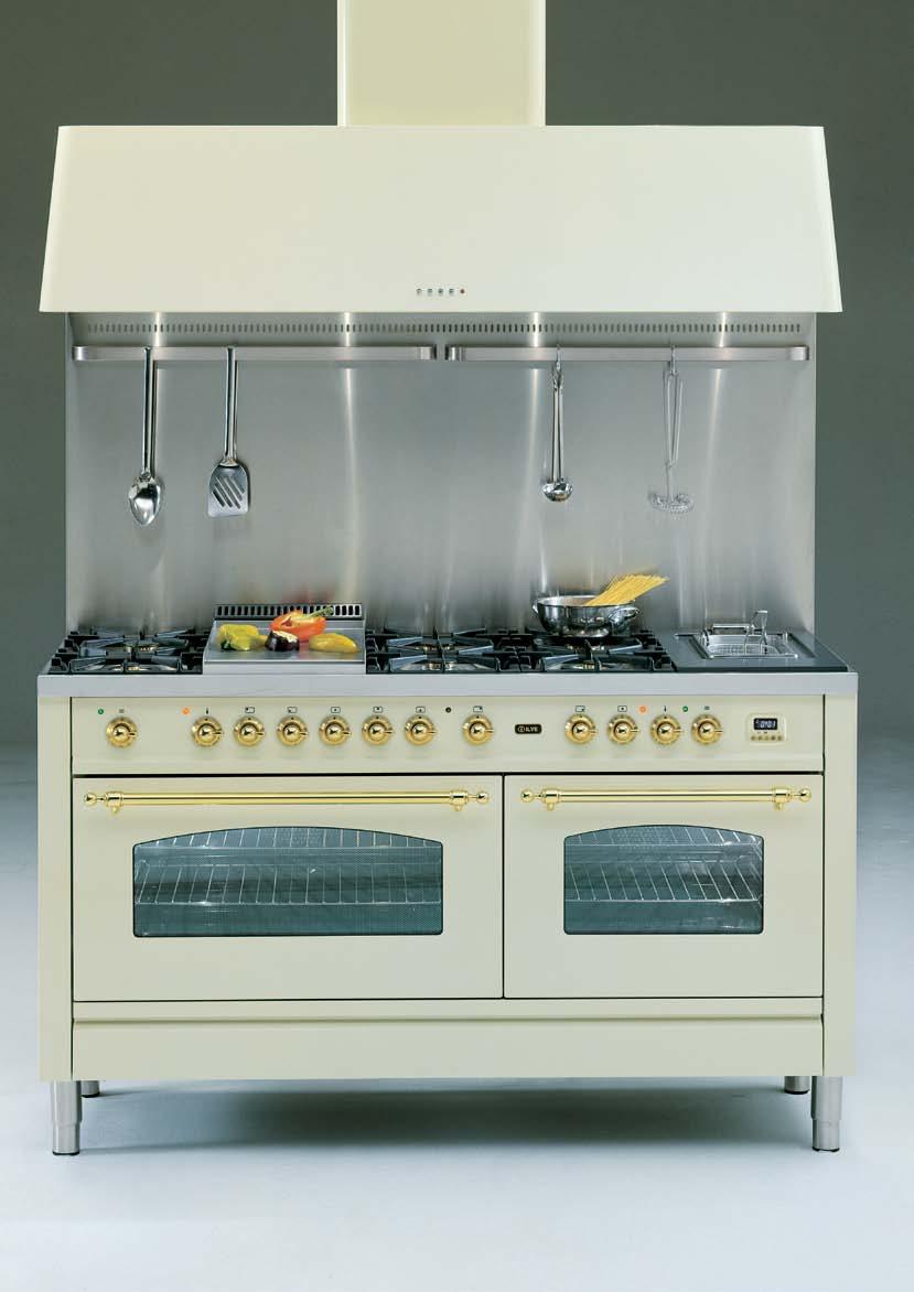 Pictured: Nostalgie PN 150 FRMP Freestanding Double Oven in Antique White AG 150 Hood in Antique