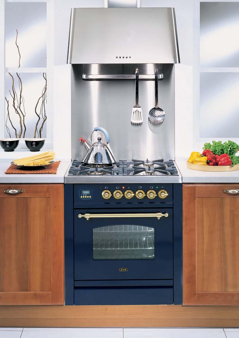 45). Pictured: Nostalgie PN 70 MP Freestanding Oven in Blue AG 70 Canopy Hood in Stainless Steel