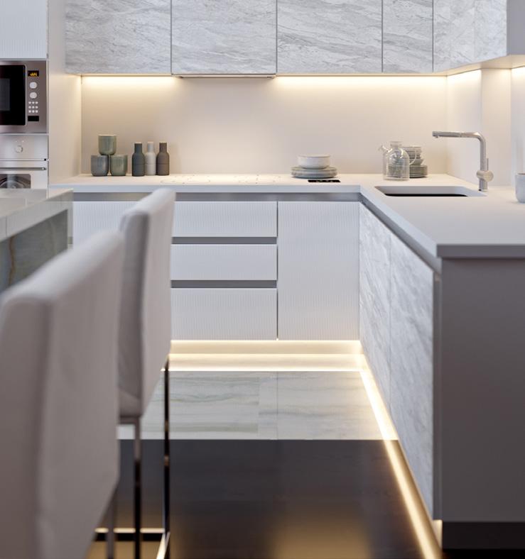 Integrate lighting into the backsplash, the toe kick, inside drawers and cabinets with profiles and tape lights.