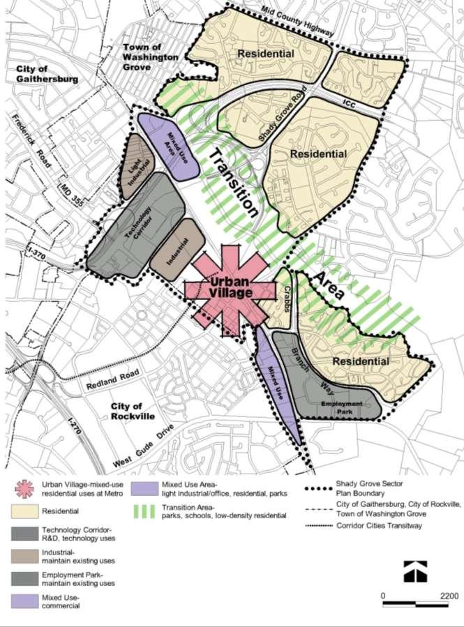 Vision and Overview Sector Plan Highlights Mixed-use area surrounding the Metro Station (Metro Neighborhoods) o Up to 6,340 units and 7,000 jobs Retention of industrial/office areas.
