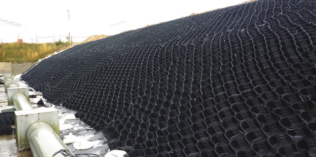 Geomembrane Protection and Top Soil Retention on Steep Slopes, Great Island Power Station, County Wexford, Ireland Erosaweb has been used to contain topsoil on the inside faces of a secondary