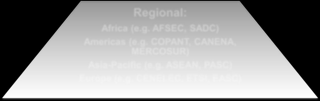 International: IEC, ISO, ITU, OIML Regional: Africa (e.g. AFSEC, SADC) Americas (e.g. COPANT, CANENA, MERCOSUR) Asia-Pacific (e.g. ASEAN, PASC) Europe (e.g. CENELEC, ETSI, EASC) National Committees: (e.