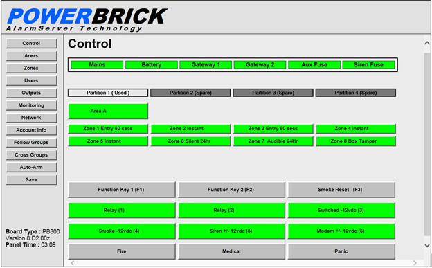 Powerbrick IP Alarm Panel Setup Procedures and User Interface Control The Control tab allows you to view the Powerbrick panel s status and switch its outputs by clicking the control buttons.