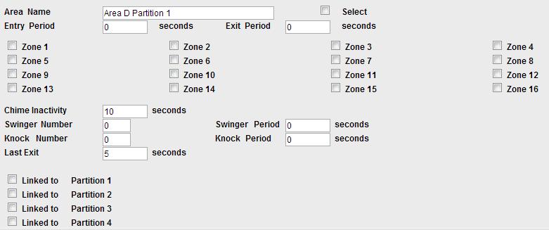 Entry & Exit Period Enter the delay periods for the Entry Zone and Exit Zone in these fields for each Area. Zones Click on a particular zone s check-box to select or deselect it from that Area.