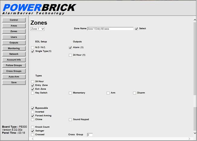 Zones Click on the Zones Tab to configure the Zones (maximum 16) of the Powerbrick Panel: In the top-left corner of the Zones tab, a drop-down field allows individual zones to be selected and