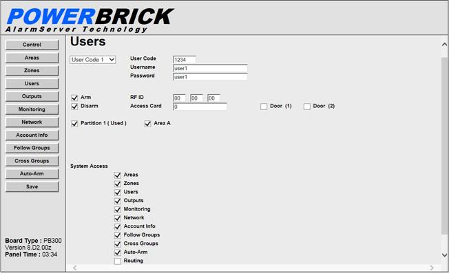 Users User Codes You can set up to 30 end user codes for each PowerBrick alarm and assign each user a different username and password and a different level of system access authority.