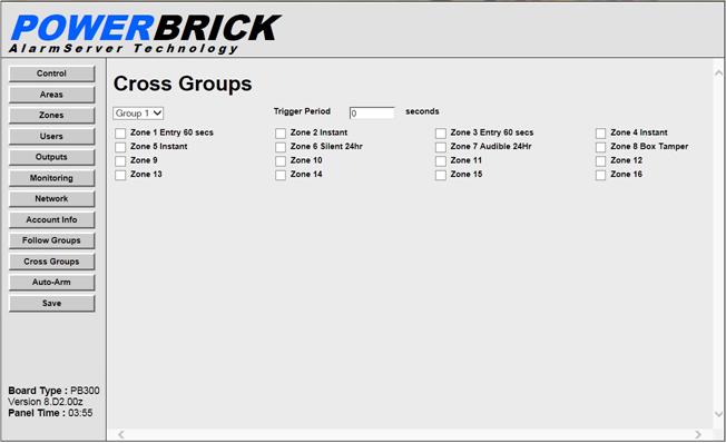 Cross Groups The Powerbrick panel supports 8 Cross Groups in total. A Trigger Period in seconds can be specified for each group. A value of 0 sets an indefinite trigger period.