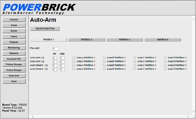 Auto-Arm The Auto Arming tab allows Partitions and Areas to be selected to auto arm and/or disarm. The time used in this tab is in 24 hour format.