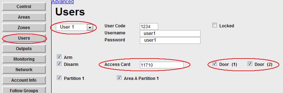 To assign an Access Card to a user, enter the card ID into the Access Card field for the selected user code in the Users tab.