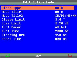Menu Operation Select an appropriate splice mode for type of fiber to be spliced, press or button to select splice mode, click button to confirm.