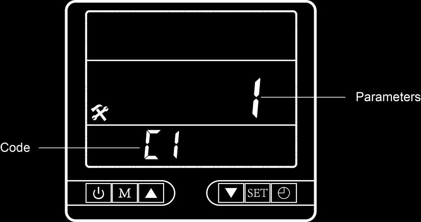 Press button SET for three seconds and enter the menu of parameter checking & setting. The smaller 8 displays codes and the bigger 8 displays the relative parameters. A.