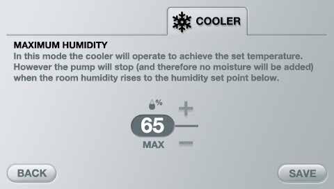 Humidity control can be found within the COOLER settings menu.