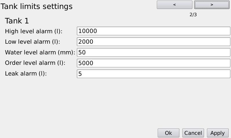 Do the tank settings in the following order in the Limits settings tab (2/3): Figure 8. Tank limits settings 1. High level alarm. Set the value in liters.