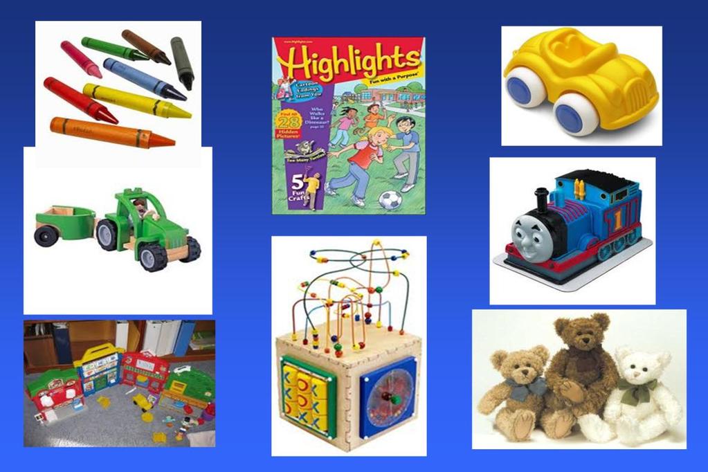 Medical office and ambulatory care practices serving pediatric populations frequently offer a variety of toys in the waiting areas and toys are sometimes used as part of therapy.