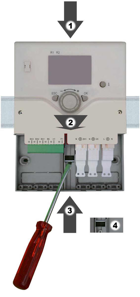 Attach the device with the upper portion on the DIN rail (1) and press