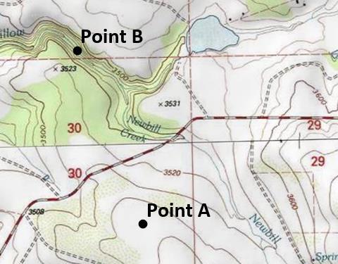17) Based on the topographic map below, which point has steeper slope?