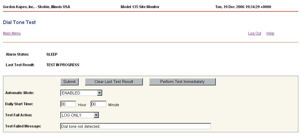 System Tests Dial Tone Test Help for System Tests Dial Tone Test This function tests the telephone line associated with the telephone modem for the presence of dial tone.