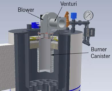 4. Forced draft burner A.The burner is a "Pre-mix" design consisting of a unitized venturi, single body dual safety gas valve, blower, and burner head (canister). B.