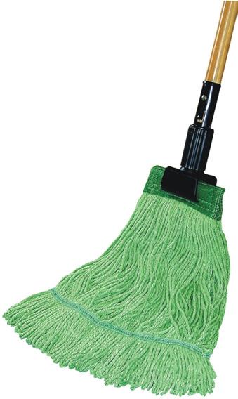 Looped-end mop made with environmentally friendly GreenTex yarn. GreenTex yarn is made with 100% Certified Recycled Fibers of pure green PET plastic bottles and post-consumer rayon/polyester.
