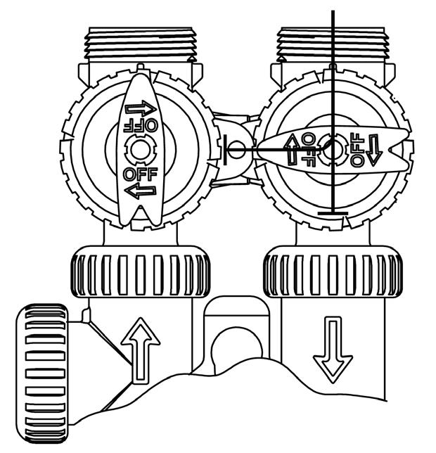 The handles identify the flow direction of the water. The plug valves enable the bypass valve to operate in four positions.
