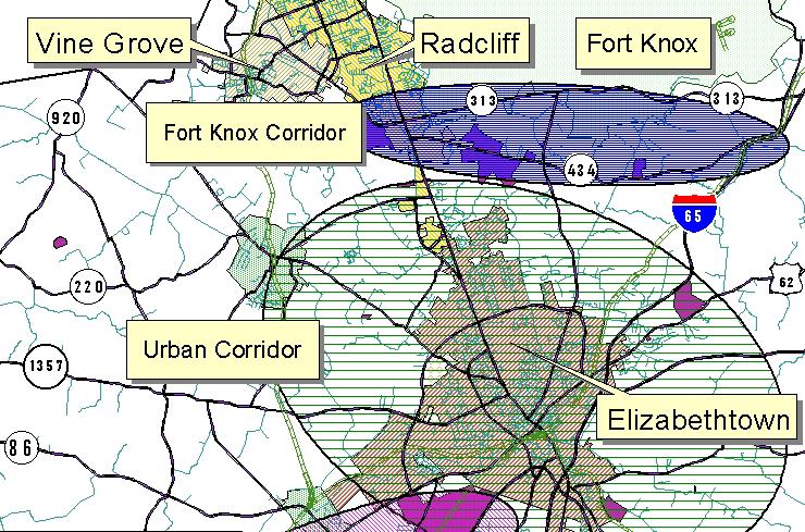 KY 251 Urban Industrial Corridor Comprised of 55 parcels from both the Elizabethtown and Radcliff Urban Areas totaling 666 acres 6 acres zoned I-1 261 acres zoned I-2 399 acres in I-H *** Primary
