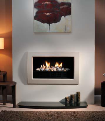 decorative gas fire with ceramic pebbles 1220mm x 380mm curved granite hearth A dramatic statement, similar in styling to the smaller Tornado, the Hurricane (shown above in its two