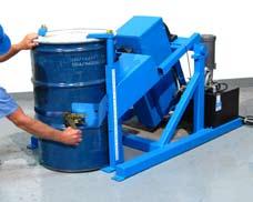 Load drum at floor level with drum truck or crane Secure drum with web strap and two top clamps Raise drum with power tilt