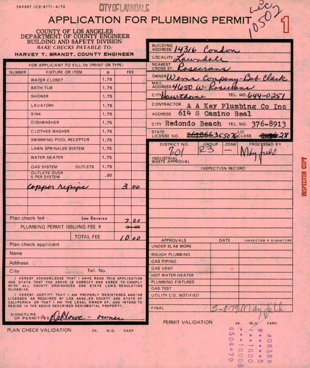 76A«fl7 <CE-B17)-4/72 crryon./^; APPLICATION FOR PLUMBING PERMIT COUNTY OF LOS ANGELES DEPARTMENT OF COUNTY ENGINEER BUILDING AND SAFETY DIVISION MAKE CHECKS PAYABLE TO: HARVEY T. BRANDT.