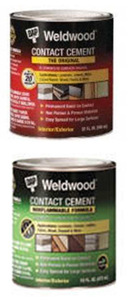 Contact Cement Available in various size cans DAP Weldwood Contact Cement Original Formula is flammable Sets fast Used to bond laminates to counter tops No clamping required Roll or brush