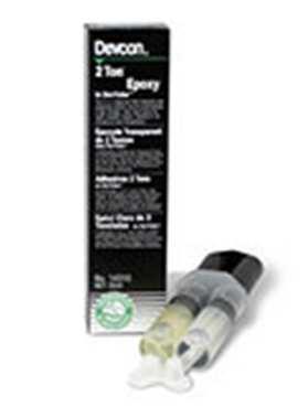 Devcon Two Part Epoxy Twin tube, single plunger dispensing syringe 5 Minute Epoxy Dries clear Bonds metal, glass, ceramics and wood Open time: 4-7 minutes Fixture time: 10-15