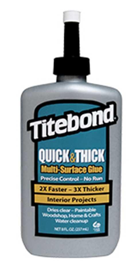 Yellow Wood Glue I like the Titebond Brand Wood Glues Available is Various size squeeze bottles Titebond Quick & Thick Open time: 3-5 minutes Fixture time: 10-15 minutes Develops
