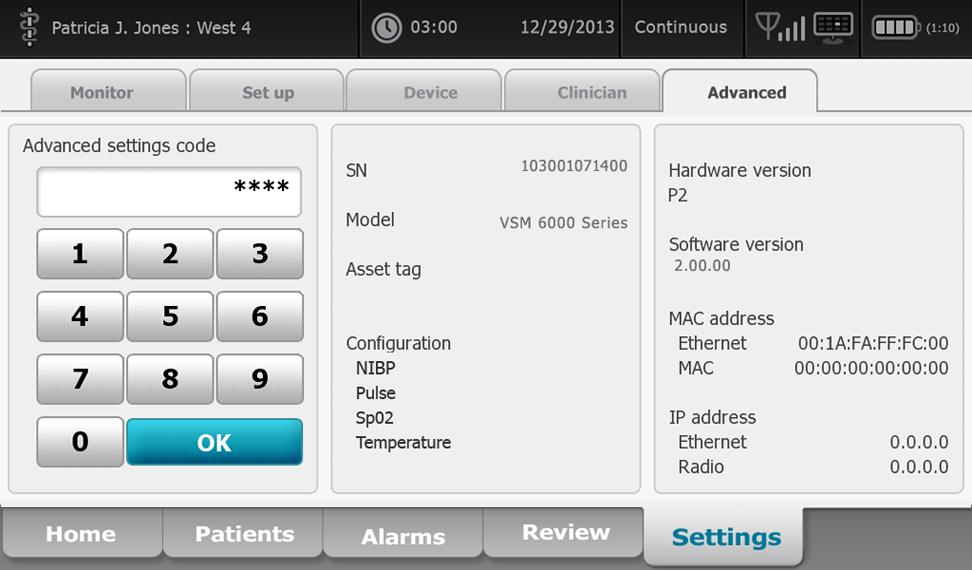 177 Advanced settings The Advanced tab provides password-protected access to the monitor's Advanced settings (or Admin mode), enabling nurse administrators, biomedical engineers, and/or service