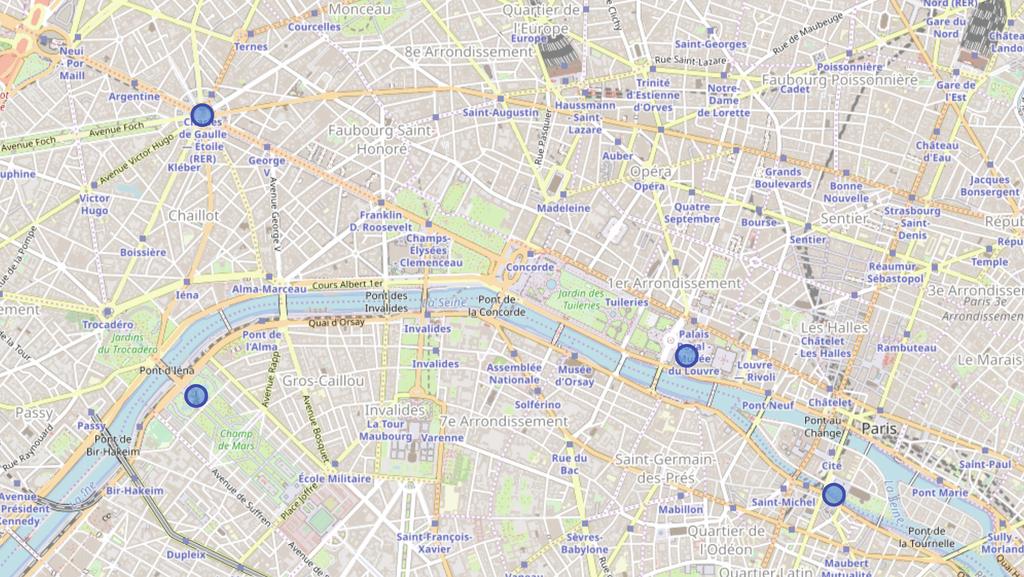 STEP 2 : Location on the map of Paris : Arc de Triomphe, Musée du Louvre, Tour Eiffel, Cathédrale Notre-Dame de Paris.