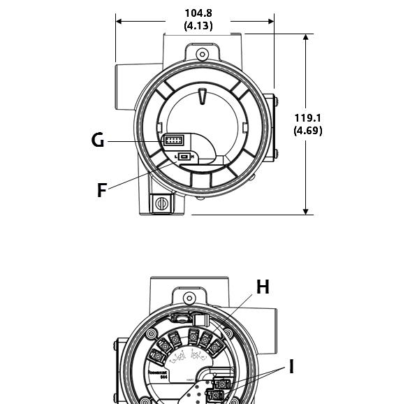 September 2018 Figure 3. Field Mount Transmitter exploded view Display compartment Terminal compartment 105 (4.1) H 119 (4.7) I J A. Nameplate B. Cover C.
