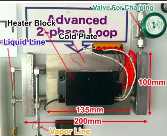 The distance between the evaporator block and the condenser is 500 mm. Ammonia was used as the working fluid. The layout of LHP is presented in Fig.2. and Fig.3.
