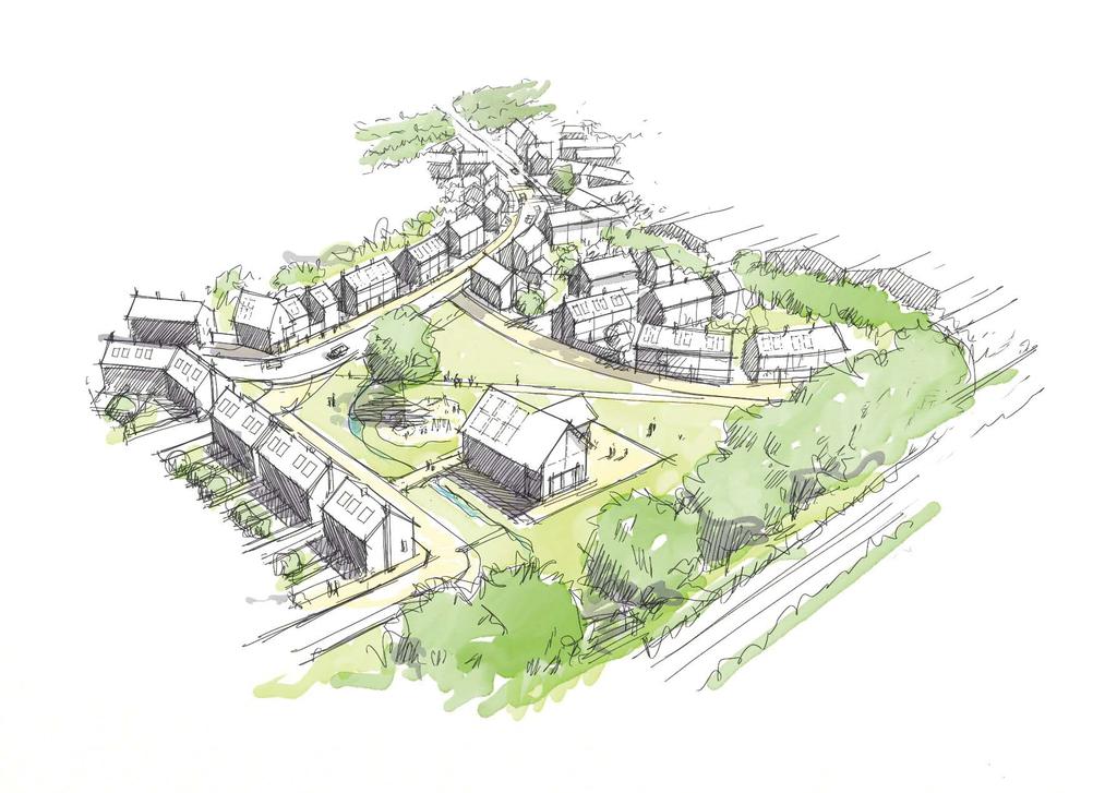 New Green - Aerial view Village street winds its way down the hill South facing village green is the focal point of the whole scheme Sustainable design will be a key part of the proposal and will
